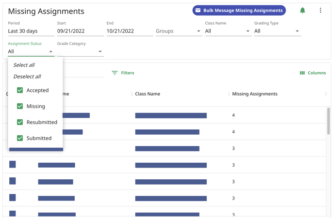 Missing Assignments Assignment Status Filter