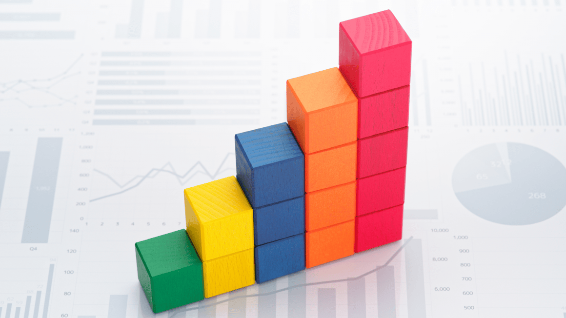 Colored blocks in the shape of a bar graph
