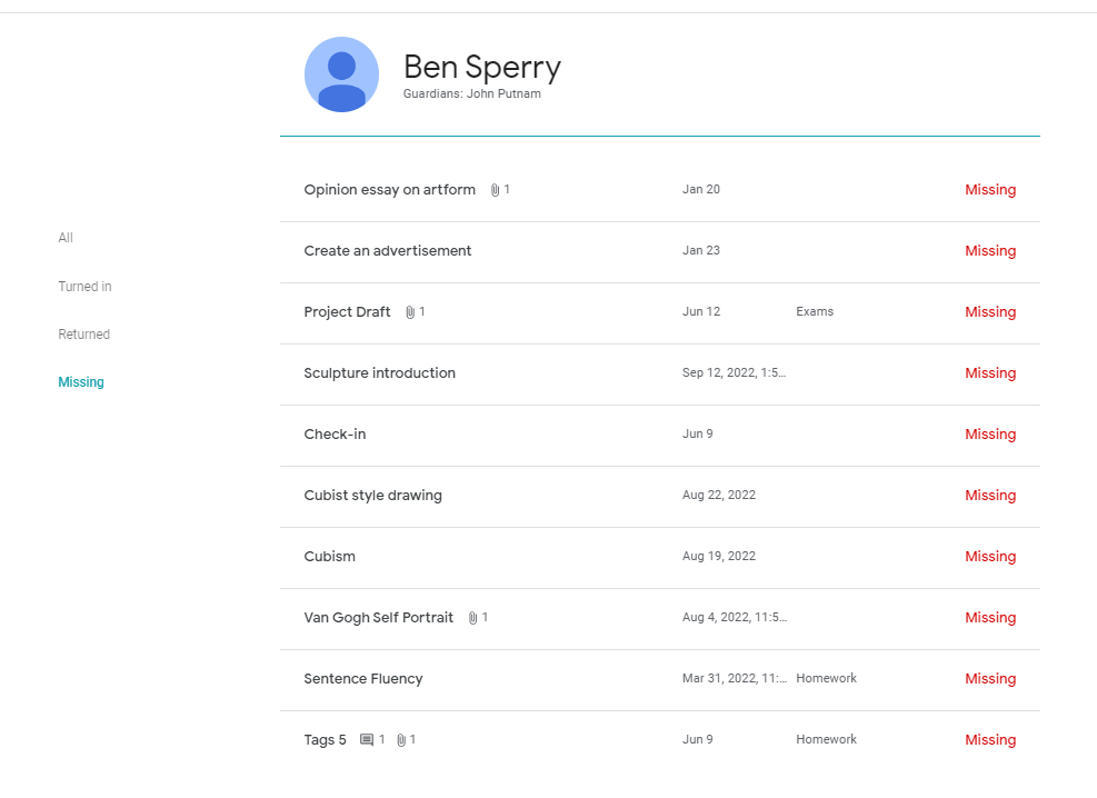 no missing assignments google classroom